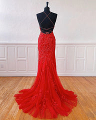 Sexy Long Lace Red Prom Dresses Open Back
