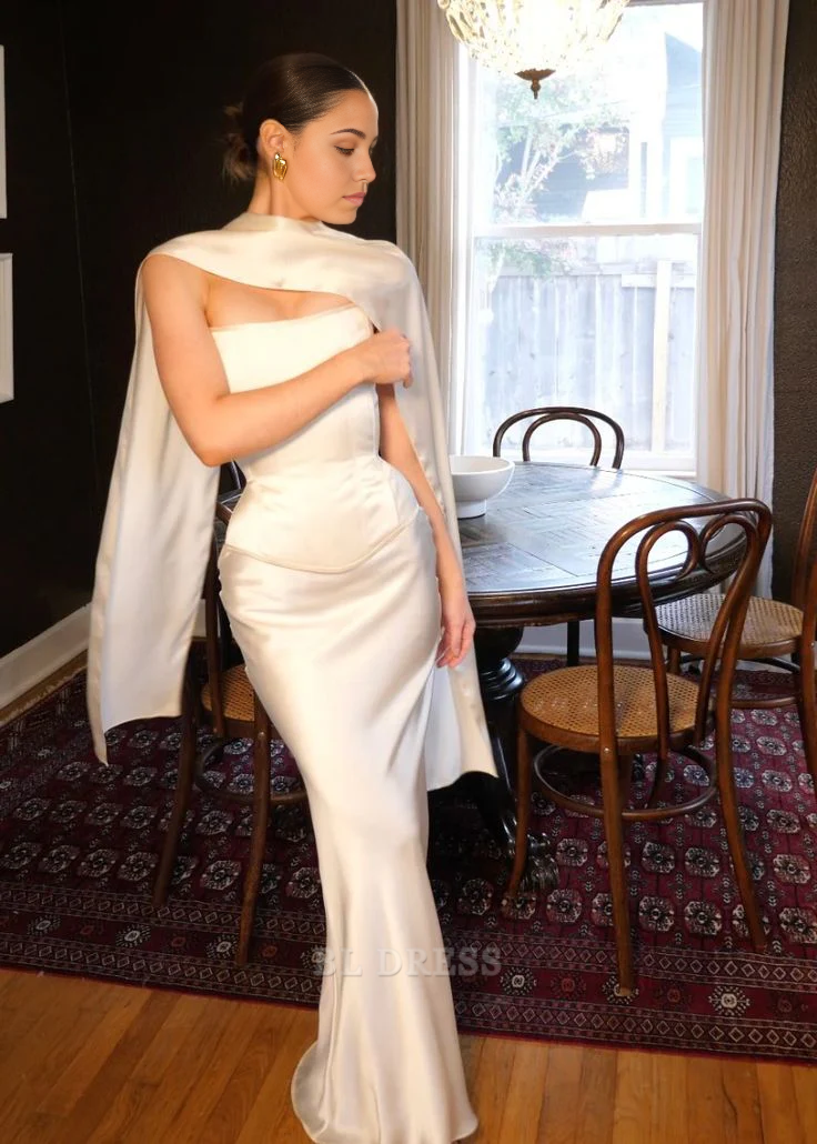 Mermaid Strapless White Satin Long formal dresses Bridesmaid Dresses evening gown Prom Dress
