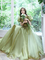 Elegant green tulle long prom dress, green tulle formal dress