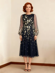 Embroidered Tulle Illusion Long Sleeve Midi Dress Dark Navy
