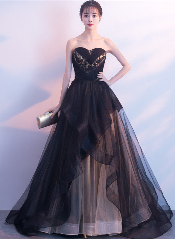 Beautiful Black and Champagne Tulle Sweethart Party Dress, Black Gown
