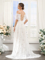 A-Line Spaghetti Straps Short Sleeves Long Lace Wedding Dresses