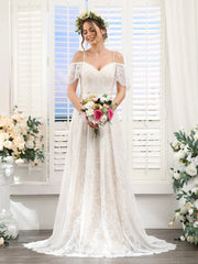 A-Line Spaghetti Straps Short Sleeves Long Lace Wedding Dresses