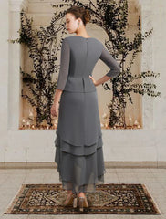 A-Line Mother of the Bride Dress Plus Size Elegant High Low V Neck Asymmetrical Tea Length Chiffon 3/4 Length Sleeve with Appliques Cascading Ruffles Side-Draped
