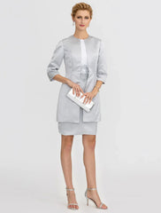 Sheath / Column Mother of the Bride Dress Formal Two Piece Jewel Neck Short / Mini Satin Short Sleeve yes with Lace Pleats