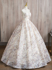 A-Line High Neck Lace Champagne Long Prom Dress, Champagne Long Formal Dress