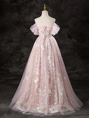 A-Line Off Shoulder Tulle Lace Pink Long Prom Dress, Lace Formal Dress