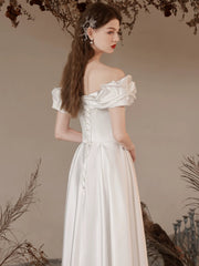 A-Line Off Shoulder Satin Tea Length White Prom Dress, White Formal Dress