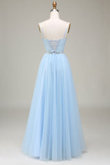 Light Blue A-Line Tulle Long Prom Dress With Appliques Floor Length Beautiful
