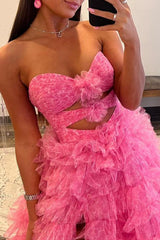 Reyna |Ball Gown Sweetheart Pink Tiered Printed Tulle Prom Dress