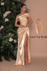 Mermaid Off The Shoulder Pleated Satin formal dresses Bridesmaid Dresses evening gown Prom Dress with Slit
