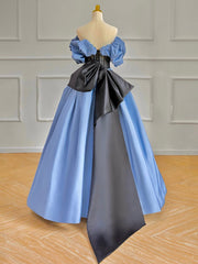 A-Line Off Shoulder Satin Blue Long Prom Dress, Blue Long Formal Dress
