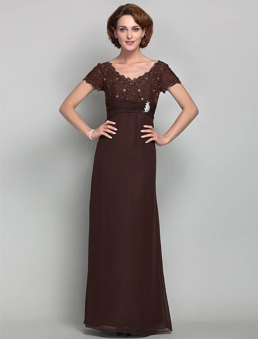 Sheath / Column Mother of the Bride Dress Vintage Inspired Scalloped Neckline V Neck Floor Length Chiffon Lace Short Sleeve with Ruched Sequin Crystal Brooch