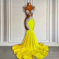 Yellow Scoop prom -jurk met kralen en kwastjes - zeemeermin lang