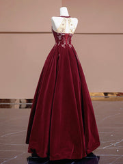 A-Line Velvet Beads Burgundy Long Prom Dress, Burgundy Long Formal Dress