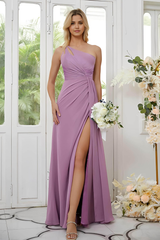 A Line One Shoulder Ruched Chiffon formal dresses Bridesmaid Dresses evening gown Prom Dress with Slit