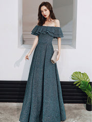Green A line  off shoulder long prom dress, green bridesmaid dress