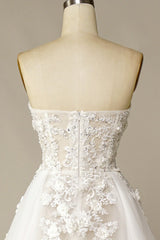 White A Line Strapless Train Dress Wedding Dress with Appliques