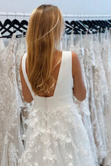 White Deep V-Neck Backless Long Wedding Dress with 3D Appliques