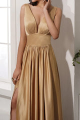 Off shoulder satin backless and floor length front slit prom dress