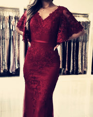 Modest Prom Dresses Lace Mermaid Evening Gown With Puffy Sleeves