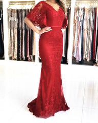 Modest Prom Dresses Lace Mermaid Evening Gown With Puffy Sleeves
