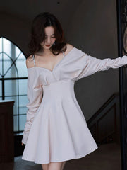 Satin V Neck Short Prom Dress, Long Sleeves Cocktail Dresses