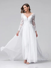 A-Line V-Neck Long Sleeves Long Chiffon Wedding Dresses With Lace Applique