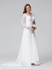 A-Line V-Neck Long Sleeves Long Chiffon Wedding Dresses With Lace Applique