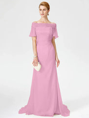 Sheath / Column Mother of the Bride Dress Elegant Off Shoulder Sweep / Brush Train Chiffon Lace Short Sleeve with Pleats