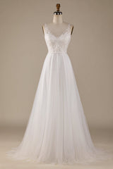 Ivory A Line V-Neck Tulle Sweep Train Wedding Dress with Lace Open Back