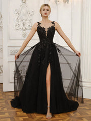 Sleeveless Tulle Wedding Dresses With Split Side