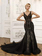 V-Neck Sleeveless Tulle Mermaid Wedding Dresses With Lace Appliques