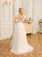 V-Neck Short Sleeves Long Wedding Dresses With Appliques