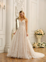 A-Line/Princess Spaghetti Straps Sleeveless Long Wedding Dresses With Appliques