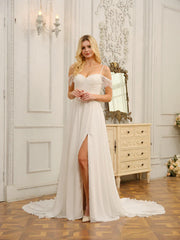 A-Line/Princess Off-The-Shoulder Long Wedding Dresses With Appliques