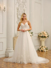Spaghetti Straps V-Neck Sleeveless Long Wedding Dresses With Appliques