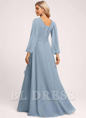 A-line V Neck Ruffle Long Sleeve Pleated formal dresses Bridesmaid Dresses evening gown Prom Dress with Slit