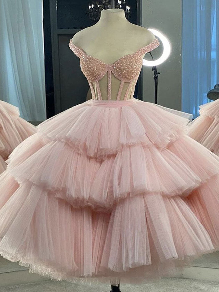 Pink sweetheart neck tulle beads short prom dress, pink homecoming dress