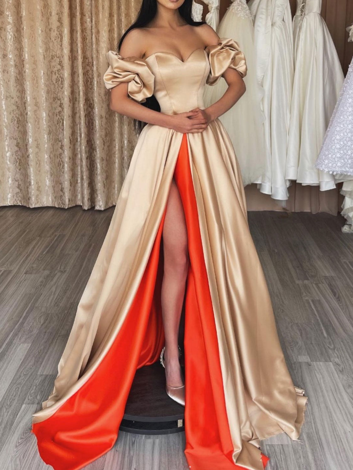 Champagne satin long prom dress, champage evening dress