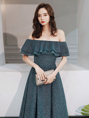 Green A line  off shoulder long prom dress, green bridesmaid dress
