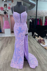 Red Sequin Split Neck Long Prom Dress with Slit