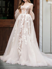 Champagne lace tulle long prom dress, lace tulle formal dress