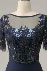 Navy blue decal sequin bridal mother dress