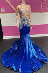 Royal Blue Halter Mouwloze zeemeermin prom -jurken met kralen fluweel