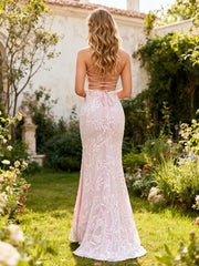 Floral Sequin Mermaid Gown with Open Lace-Up Back Blushing Pink