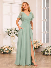 Aimishang A-Line/Princess V-Neck Long Wedding Party Dresses With Split Side
