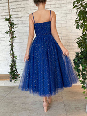 Blue sweetheart neck tulle short prom dress, blue bridesmaid dress