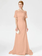 Sheath / Column Mother of the Bride Dress Elegant Off Shoulder Sweep / Brush Train Chiffon Lace Short Sleeve with Pleats