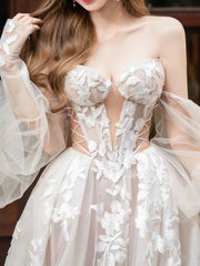 Champagne lace tulle long prom dress, lace tulle formal dress